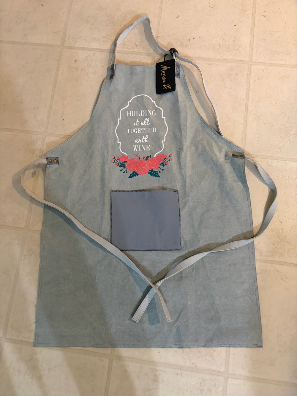 Mona B Light Grey Canvas Apron with Floral Wine Graphic